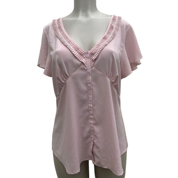 Spense Blouse Women's XL Pink Button Front Accordion Pleat Trim Flutter Sleeve - Picture 8 of 11